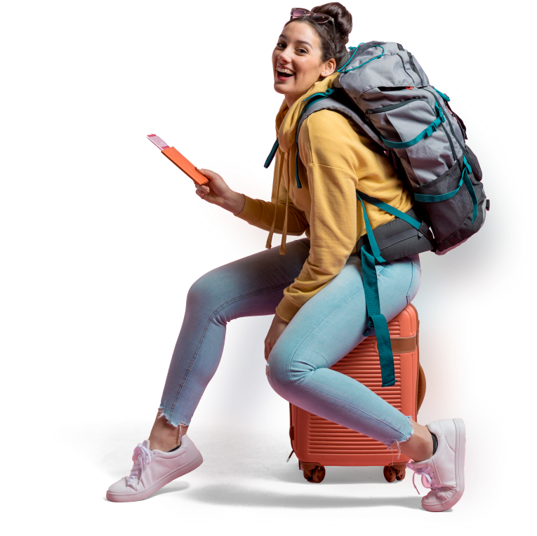 A traveller with a backpack smiling